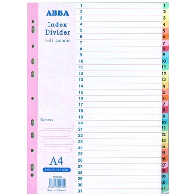 ABBA INDEX DIVIDER A4 1-31 COLOUR 